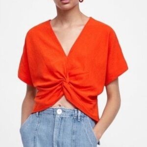 NWT ZARA NEON ORANGE CROPPED KNOT FRONT KNIT TOP SHIRT S